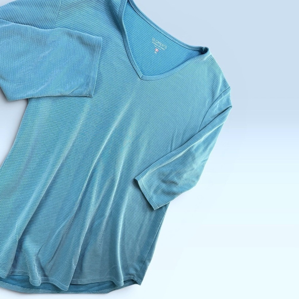 Segments Top Women XL Blue V-Neck 3/4 Sleeve Ribbed Tencel Modal Casual Basic
